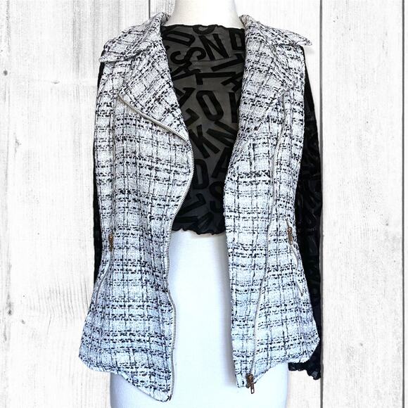 Tinley Road Retro Glam Business Professional Zip Black White Plaid Tweed Vest - Picture 4 of 5